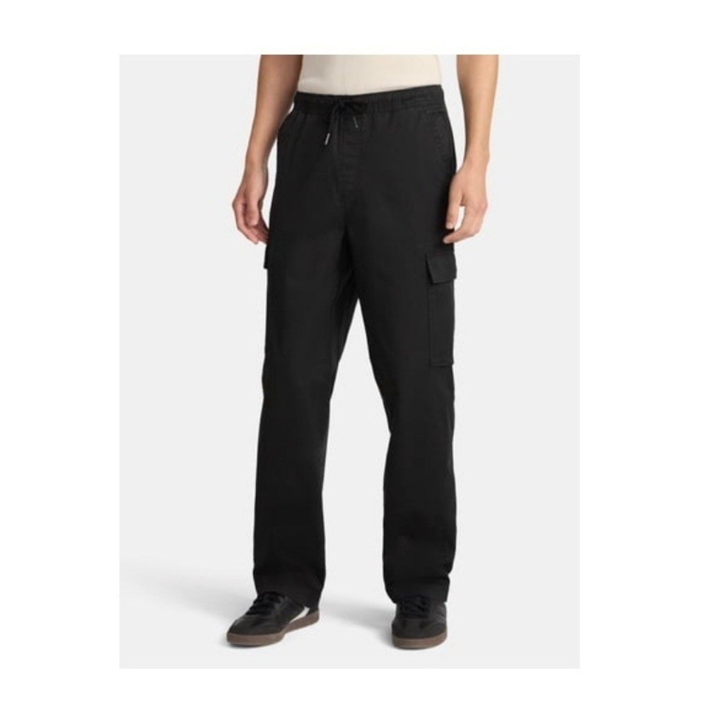 Men's Black Solid Cargo Pants M 32-34" Waist Elastic Drawstring Flat Front